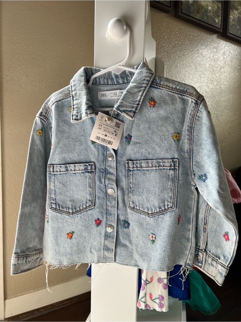 ZARA Light Wash Denim Jacket with Multicolor Floral Embroidery